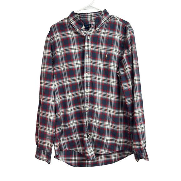 Ralph Lauren Cotton Oxford Long Sleeve Shirt Classic Fit Blue Red Plaid Large - Picture 1 of 10